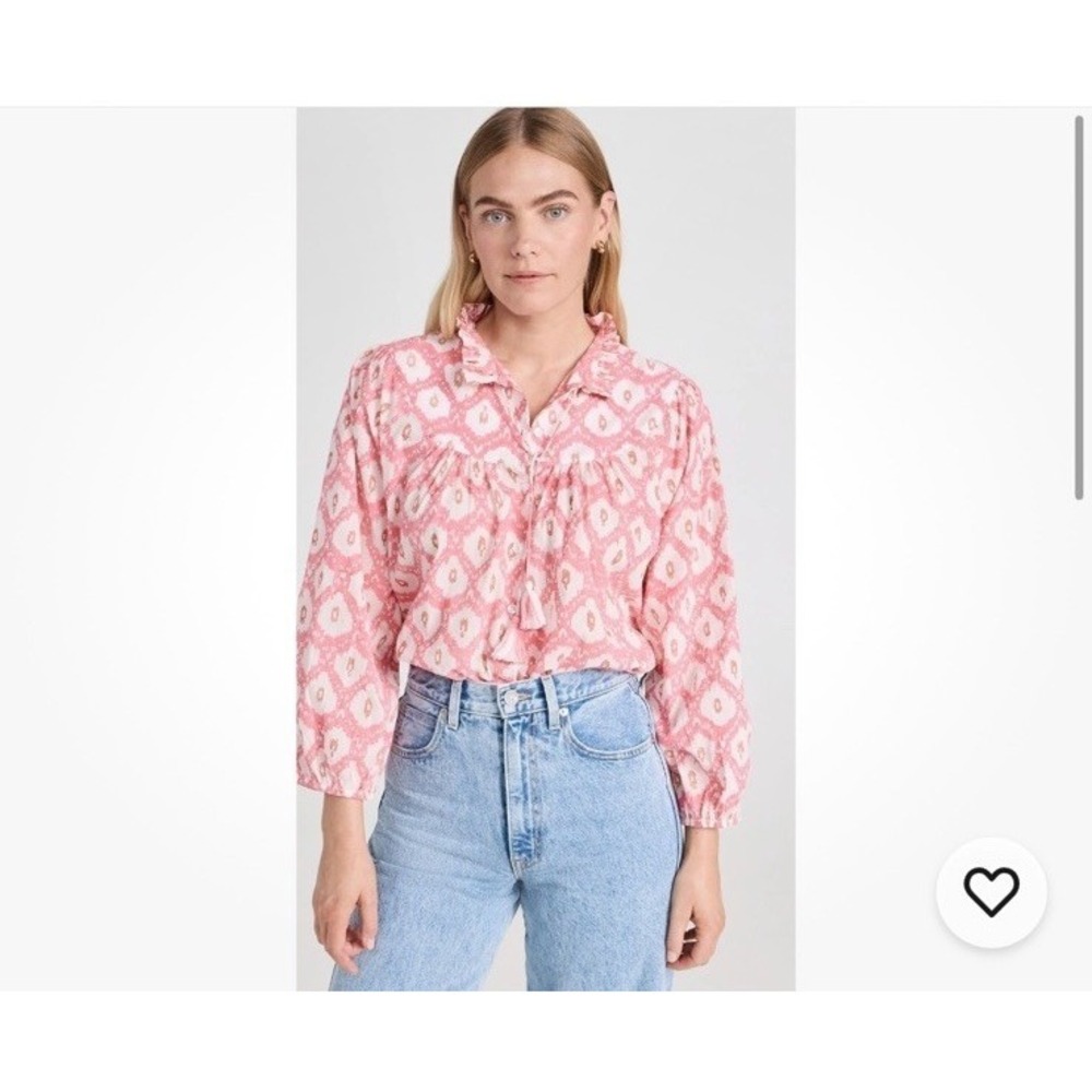 Marea Georgia Top Golden Hour M Pink Print Ruffle Neck Tassel‎ Tie Cotton Blouse
